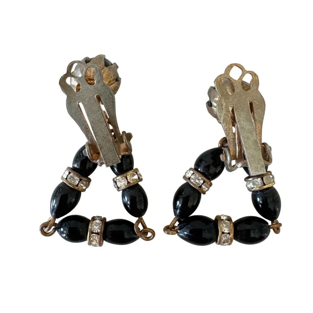 Vintage Black Bead Rhinestone Rondelle Triangle Dangling Statement Clip Earrings